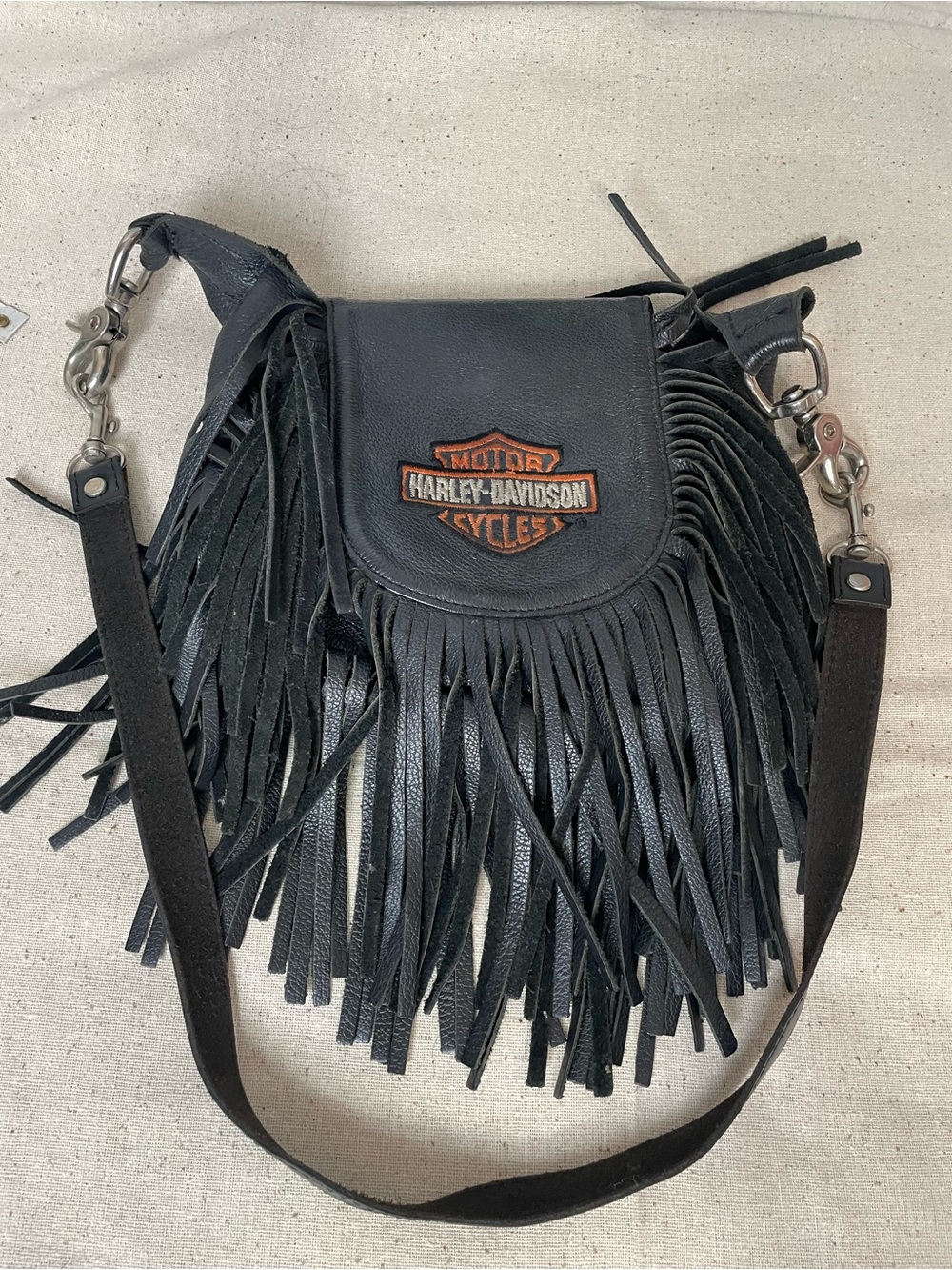 Harley-Davidson Black Leather Fringe Crossbody with Orange Logo Accent